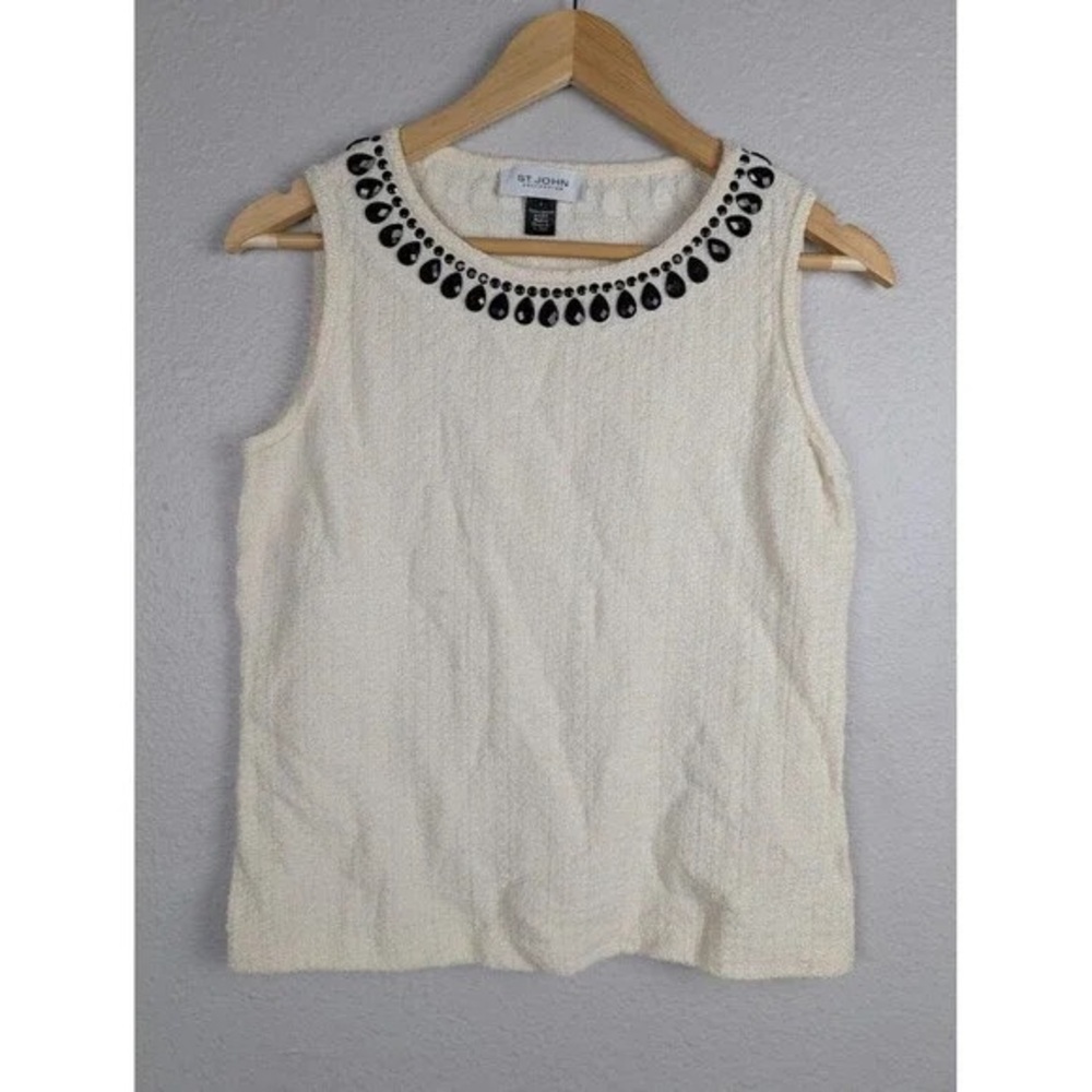 St. John Cream Sleeveless Top with Black Embellishments